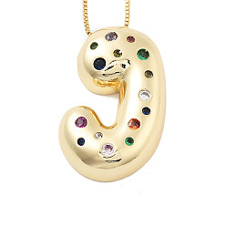 Letter J Латунные ожерелья с подвесками в виде букв из микрофибры с кубическим цирконием, реальный 18 k позолоченный, буква J, 17.40~17.80 дюйм (44.2~45.2 см), Кулон : 30x18.5 мм