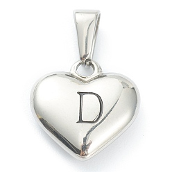 Letter D 304 Stainless Steel Pendants, Heart with Black Letter, Stainless Steel Color, Letter.D, 16x16x4.5mm, Hole: 7x3mm