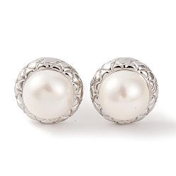 Real Platinum Plated 925 Sterling Silver Half Round Stud Earrings, with Natural Pearl, Real Platinum Plated, 11mm