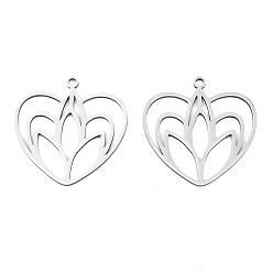 Нержавеющая Сталь Цвет Полые 201 из нержавеющей стали кулоны, сердце с цветочными подвесками, цвет нержавеющей стали, 22.5x23x1 мм, отверстие : 1.4~1.5 мм