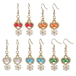 (52) Непрозрачная лаванда Серьги-подвески из стеклянных бусин ручной работы, Сердце со цветками , золотые, разноцветные, 48x15 мм