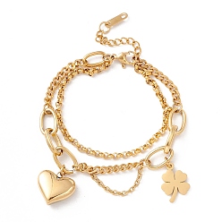 Золотой Вакуумное покрытие pvd 304 многорядный браслет из нержавеющей стали, женский браслет с подвеской в виде сердца и клевера, золотые, 6-3/4 дюйм (17.2 см)
