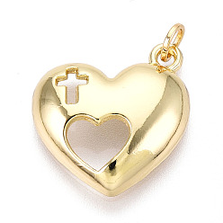 Настоящее золото 18K Латунные подвески, без кадмия и без свинца, сердце с крестом, с целью перехода в кольце, реальный 18 k позолоченный, 21x18x5 мм, отверстие : 3.5 мм
