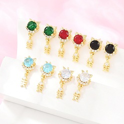 (52) Непрозрачная лаванда Латунь микро проложить кубический цирконий болтаться серьги стержня, форма кошки с рыбьей костью, долговечный, стойки покрытие, без свинца и без кадмия, реальный 18 k позолоченный, разноцветные, 19x9 мм