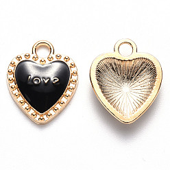Черный Подвески из эмали и сплава, сердце, со словом любовь, на день Святого Валентина, золотой свет, чёрные, 16x13x3 мм, отверстие : 2 мм