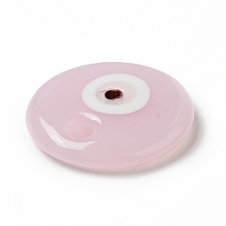 Pearl Pink Handmade Evil Eye Lampwork Pendants, Flat Round Charms, Pearl Pink, 30x5.5mm, Hole: 4mm