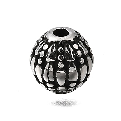 Античное Серебро Гравированные 304 бусины из нержавеющей стали, круглые с цветочным узором, античное серебро, 8.5x8 мм, отверстие : 1.8 мм