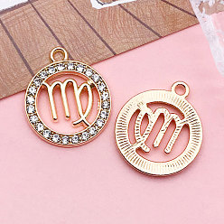 Дева Подвески из хрусталя из цинкового сплава, плоско-круглые, созвездие, золотой свет, Дева, 21x18 мм