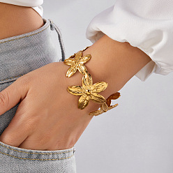 Цветок Стильные браслеты-манжеты из нержавеющей стали для женщин, золотые, цветок, внутренний диаметр: 2.36 дюйм (6 см)