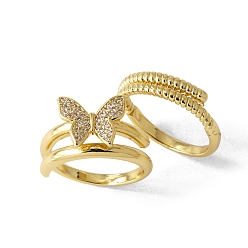 Бабочка Двойные кольца из латуни с микро-паве и прозрачным фианитом для женщин, бабочка, 11 мм, внутренний диаметр: 17 мм, 2 шт / комплект