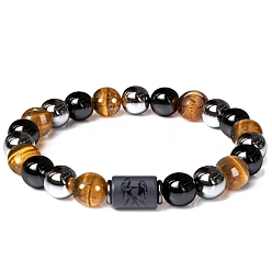 Gemini Natural Obsidian & Tiger Eye & Synthetic Hematite Stretch Bracelet, Constellation Theme Bracelet, Gemini, 7-1/2 inch(19cm)