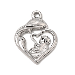 Stainless Steel Color Mother's Day 304 Stainless Steel Pendants, Heart with Mother & Baby Charms, Stainless Steel Color, 27x20.5x3mm, Hole: 2mm
