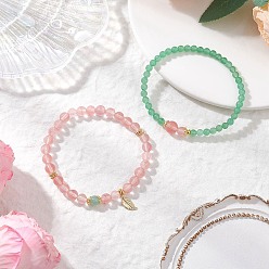 Смешанные камни Браслеты из натурального зеленого авантюрина и синтетического вишневого кварца, внутренний диаметр: 2-1/8~2-1/4 дюйм (5.4~5.7 см), 2 шт / комплект