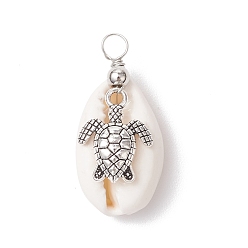 Turtle Подвески из натуральной ракушки каури и сплава с морскими животными, морские подвески с петлями из медной проволоки, античное серебро, черепаха, 30x15x12 мм, отверстие : 3.3 мм