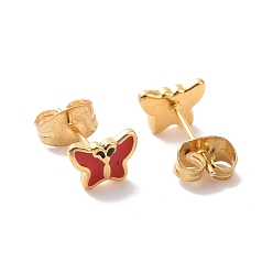 Red Enamel Butterfly Stud Earrings with 316L Surgical Stainless Steel Pins, Gold Plated 304 Stainless Steel Jewelry for Women, Red, 7.5x5.5mm, Pin: 0.7mm