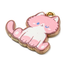 Pink Printed Alloy Pendants, Golden, Cadmium Free & Nickel Free & Lead Free, Cat Shape Charms, Pink, 20x20x2mm, Hole: 1.6mm