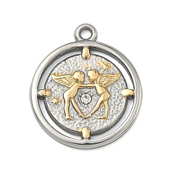 Золотой & Цвет Нержавеющей Стали Кованые 304 подвески из нержавеющей стали, плоская круглая форма с двойными подвесками в виде ангелов, со стразами, ионное покрытие (ip), долговечный, золотые и нержавеющая сталь цвет, 23.5x20x2 мм, отверстие : 1.7 мм