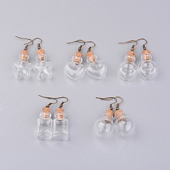 Clear Glass Bottle Dangle Earrings, with Brass Earring Hooks, Antique Bronze, Clear, 48~51mm, Pin: 0.6mm