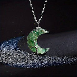 Зеленый Авантюрин Смола с натуральным зеленым авантюрином внутри луны с деревом жизни ожерелья с подвеской из медной проволоки, платина, 17.72 дюйм (45 см)