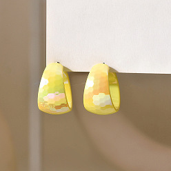 Yellow Acrylic & Stainless Steel Stud Earrings for Women, Half Hoop Earrings, Yellow, 31x31mm