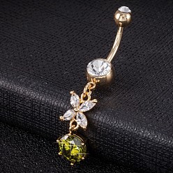 Olivgrün Piercing-Schmuck, umweltfreundlicher Nabelring aus Zirkonoxid aus Messing, Bauchringe, mit 304 Edelstahlleiste, echt 18 k vergoldet, Schmetterling, olivgrün, 45x9 mm, Stangenlänge: 3/8"(10mm), Stange: 14 Spurweite(1.6mm)