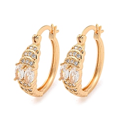 Light Gold Brass Micro Pave Clear Cubic Zirconia Hoop Earrings, Leaf, Light Gold, 22x6mm