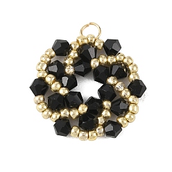 Black Imitate Austrian Crystal Bicone Glass Beaded Pendants, Flower Charms, with Seed Beads and 304 Stainless Steel Jump Rings, Faceted, Black, 21x22x3.5mm, Hole: 3mm
