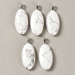 Howlite Natural Howlite Pendants, with 304 Stainless Steel Snap on Bails, Oval Charm, 44x20x8mm, Hole: 7x4mm