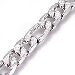 Stainless Steel Color Tarnish Resistant 304 Stainless Steel Figaro Chains, Unwelded, Textured, Stainless Steel Color, 11.5mm, Links: 17x11.5x3mm
