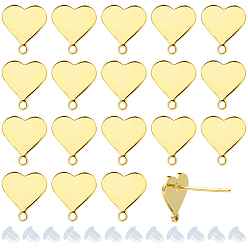 Настоящее золото 18K 20 шт. латунные серьги-гвоздики, сердце, 30 гайки ушные пластиковые, реальный 18 k позолоченный, 10x9 мм, отверстие : 1 мм, штифты : 12x0.8 мм