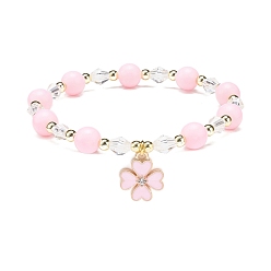 Mixed Patterns Pink Acrylic & Synthetic Hematite Beaded Stretch Bracelet with Alloy Enamel Charms for Women, Mixed Patterns, Inner Diameter: 2 inch(5.2cm)