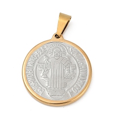 Золотой & Цвет Нержавеющей Стали Вакуумное покрытие pvd 304 подвески из нержавеющей стали, плоский круглый с медалью святого бенедикта, золотые и нержавеющая сталь цвет, 31x28x3 мм, отверстие : 8x4.5 мм