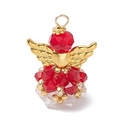 Красный Стеклянные подвески, угол, с бусинами-крылышками из сплава и железной петлей, граненые, красные, 30x21.5x16 мм, отверстие : 2.2~3.6 мм