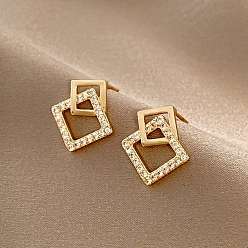 Rhombus Alloy Rhinestone Earrings for Women, Rhombus, 18x11mm
