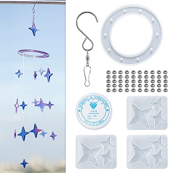 Белый Наборы для изготовления звездных колокольчиков своими руками, в том числе 4 шт силиконовые формы, 44 латунные бусины шт., 1 крючки из нержавеющей стали, 1 нить из рулонного хрусталя, белые, форма звезды: 54x65x6мм, отверстие : 1.7~2 мм, внутренний диаметр: 28x28 мм и 48x48 мм