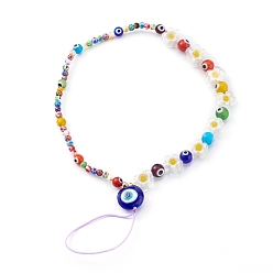 Colorful Evil Eye Lampwork Beaded Mobile Straps, with Millefiori Glass Lampwork Beads and Nylon Thread, Flower, Golden, Colorful, 23.2cm