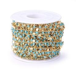 Небесно-голубой Ручные граненые стеклянные бисерные цепи, пайки, с латунной фурнитурой , золотые, долговечный, с катушкой, голубой, 7~7.5x3x2~2.5 мм, около 32.8 футов (10 м) / рулон