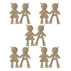 Real 16K Gold Plated 5Pcs Brass Micro Pave Clear Cubic Zirconia Pendants, Nickel Free, Couples, Real 16K Gold Plated, 18.5x18x3mm, Hole: 1mm