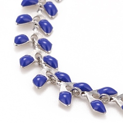 Medium Blue Enamel Wheat Link Chains Bracelet, 304 Stainless Steel Jewelry for Women, Stainless Steel Color, Medium Blue, 6-7/8 inch(17.5cm)