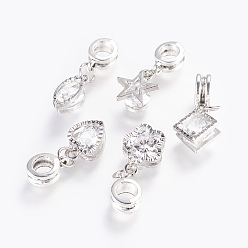 Платина Сплав европейские подвески с подвесками, Подвески с большими отверстиями, с кубического циркония, разнообразные, платина, 25~28 мм, отверстие : 5 мм