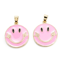 Pink Brass Enamel Pendants, Real 18K Gold Plated, Long-Lasting Plated, Flat Round with Smiling Face, Pink, 27x24.5x2.5mm, Hole: 5x3.5mm