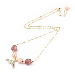 Real 14K Gold Plated Natural Strawberry Quartz & Pearl Beaded Whale Tail Pendant Necklace with Brass Cable Chains for Women, Real 14K Gold Plated, 16.81 inch(42.7cm)