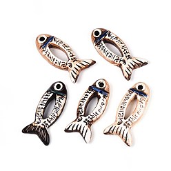 Кокосово-Коричневый Ручной работы фарфора большие кулоны, рыба, фантазии античного стекла фарфора, кокосового коричневый, 64~66x28~30x11~12 мм, отверстие : 4~4.5 мм