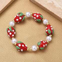 Красный Женские браслеты из латуни, лэмпворка и искусственного жемчуга с эластичными бусинами, клубника, стойки покрытие, без свинца и без кадмия, долговечный, реальный 18 k позолоченный, красные, внутренний диаметр: 2-1/8 дюйм (5.3 см)