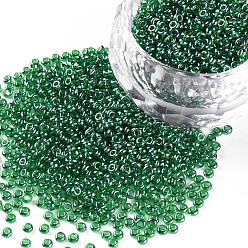 Green 12/0 Grade A Round Glass Seed Beads, Transparent Colours Lustered, Green, 12/0, 2x1.5mm, Hole: 0.3mm