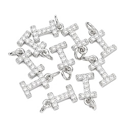Letter I Colgantes Shegrace de latón con microengaste de circonitas cúbicas transparentes, sin níquel, 925 chapado en plata de ley, amuletos de la letra i, 12x6.5x2.5 mm, anillo de salto: 5x1 mm, diámetro interior: 3 mm