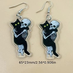 Черный Акриловые серьги-подвески в форме кошки с черепом, платина, чёрные, 40 мм