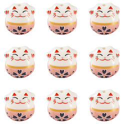 Pink 9шт. фарфоровые бусины ручной работы с принтом, Lucky Cat, розовые, 13x14x11 мм, отверстие : 2 мм