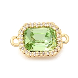 Светло-зеленый Подвески-коннекторы из латуни с микропаве из прозрачного кубического циркония и стекла, прямоугольник ссылки, реальный 18 k позолоченный, светло-зеленый, 15x9x5 мм, отверстие : 1.2 мм.