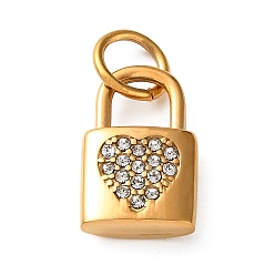 Golden 304 Stainless Steel Rhinestone Pendants, Lock with Heart Charms, Golden, Golden, 15x9.5x3mm, Hole: 5mm